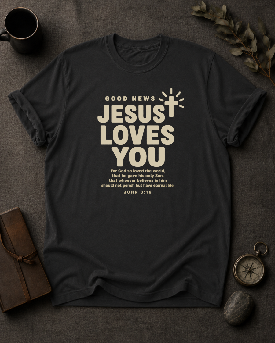 black Comfort Colors t-shirt with cross graphic reading 'Good News, Jesus Loves You' and John 3:16 verse"