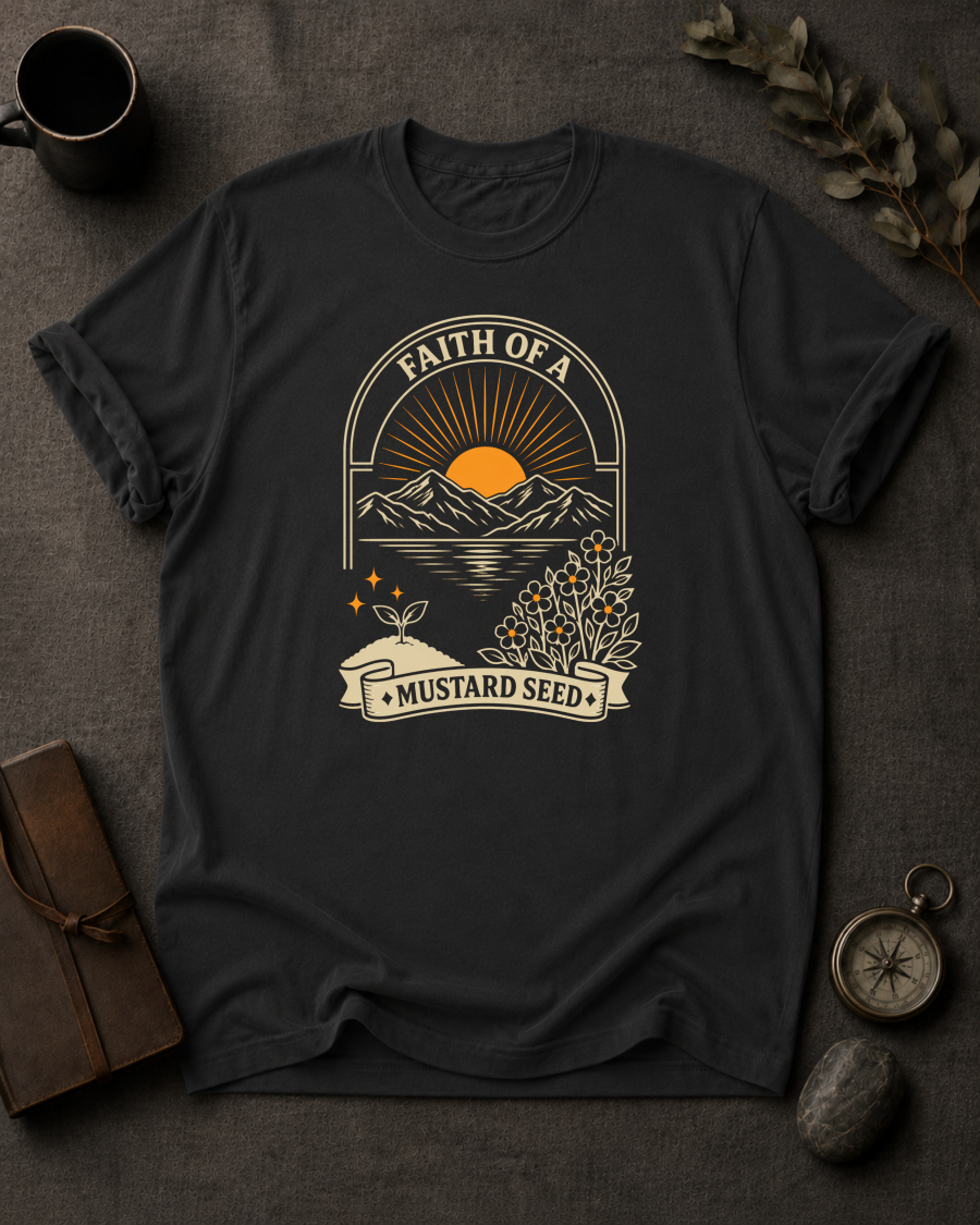 Faith of a Mustard Seed Christian t-shirt in Black – Matthew 17:20 back print design | To His Glory Club
