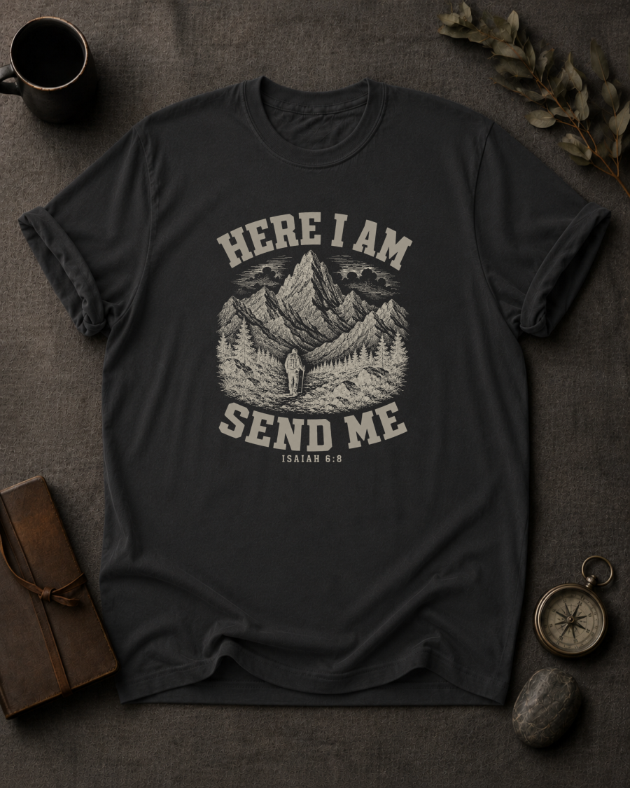Black Comfort Colors t-shirt with 'Here I Am Send Me' Christian design, Isaiah 6:8