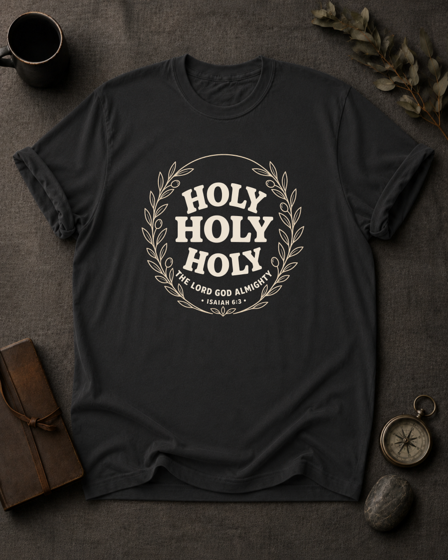Black Comfort Colors t-shirt with "Holy Holy Holy" Isaiah 6:3 wreath