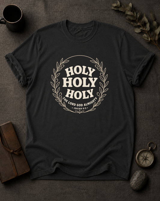 Black Comfort Colors t-shirt with "Holy Holy Holy" Isaiah 6:3 wreath