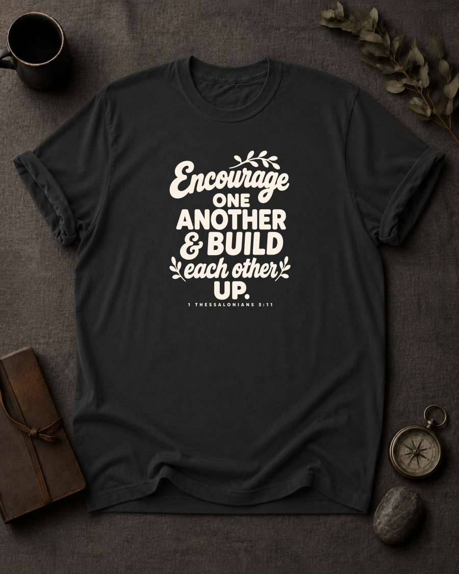 black Comfort Colors t-shirt with hand-lettered "Encourage One Another & Build Each Other Up" 1 Thessalonians 5:11 design in Bay colorway, styled with coffee mug, compass, and leather journal