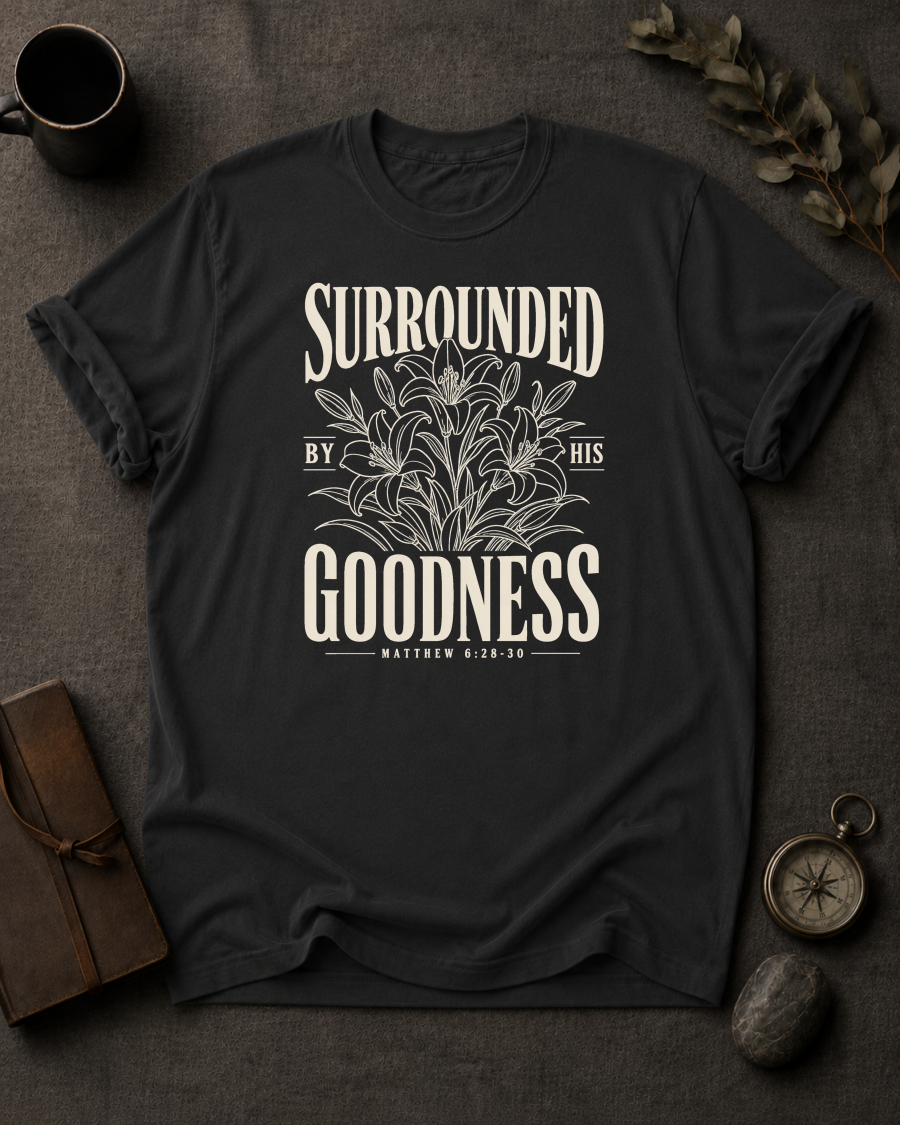 Surrounded By His Goodness | Matthew 6:28-30 Christian T-Shirt