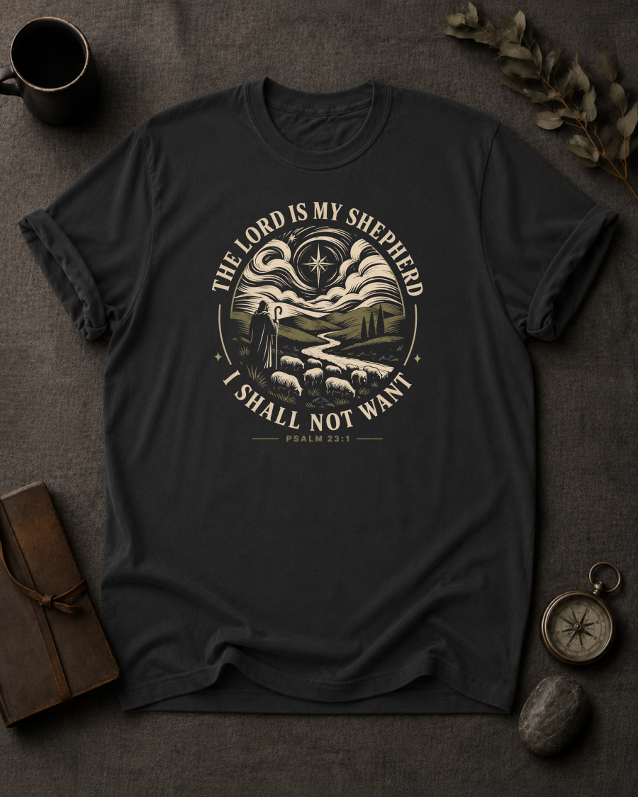black omfort Colors t-shirt with "The Lord Is My Shepherd I Shall Not Want" Psalm 23:1 shepherd and flock illustration in Bay colorway, styled with coffee mug, compass, and leather journal