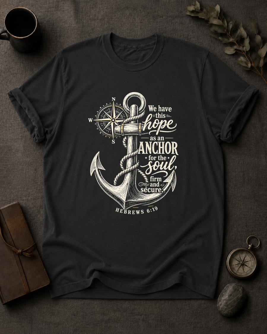 black Comfort Colors t-shirt with navy anchor and compass design, Hebrews 6:19 — 'We have this hope as an anchor for the soul'