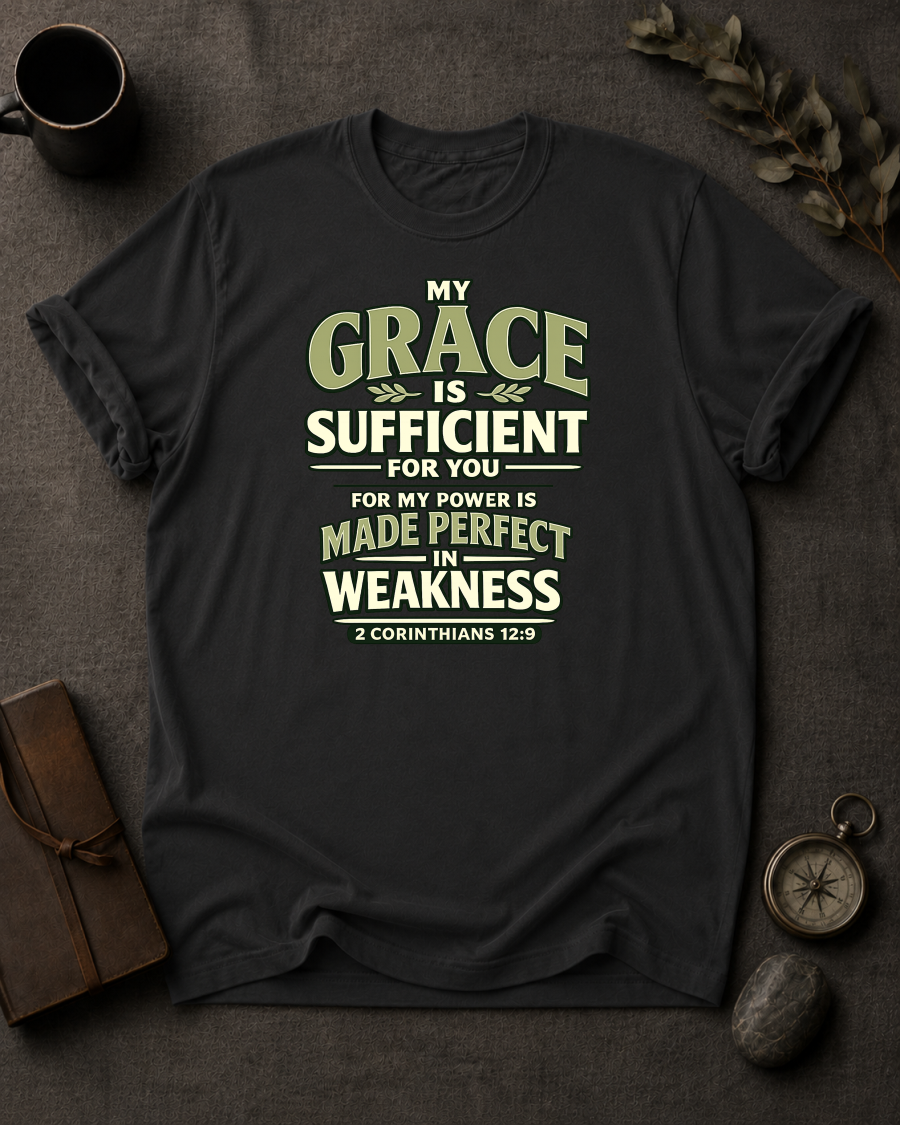 Black Comfort Colors t-shirt with 'My Grace Is Sufficient' Christian design, 2 Corinthians 12:9