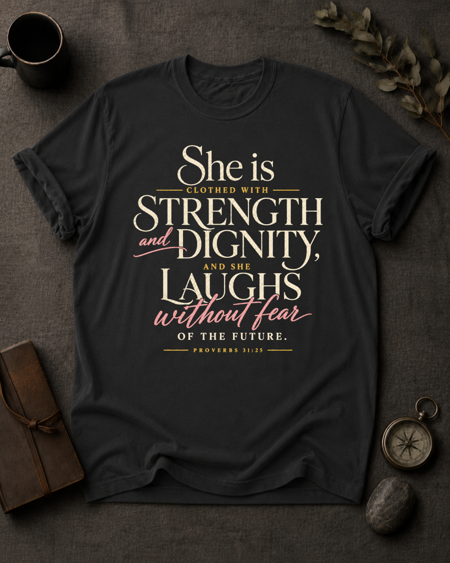 Proverbs 31:25 (She Is Clothed) Christian T-Shirt in Black - Comfort Colors 1717