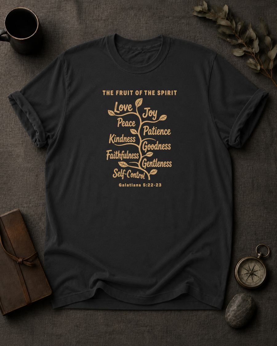 black Comfort Colors t-shirt with vine illustration listing the Fruit of the Spirit — love, joy, peace, patience, kindness, goodness, faithfulness, gentleness, self-control — Galatians 5:22-23"