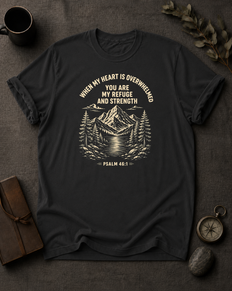 Black Comfort Colors t-shirt with 'You Are My Refuge and Strength' Christian design, Psalm 46:1