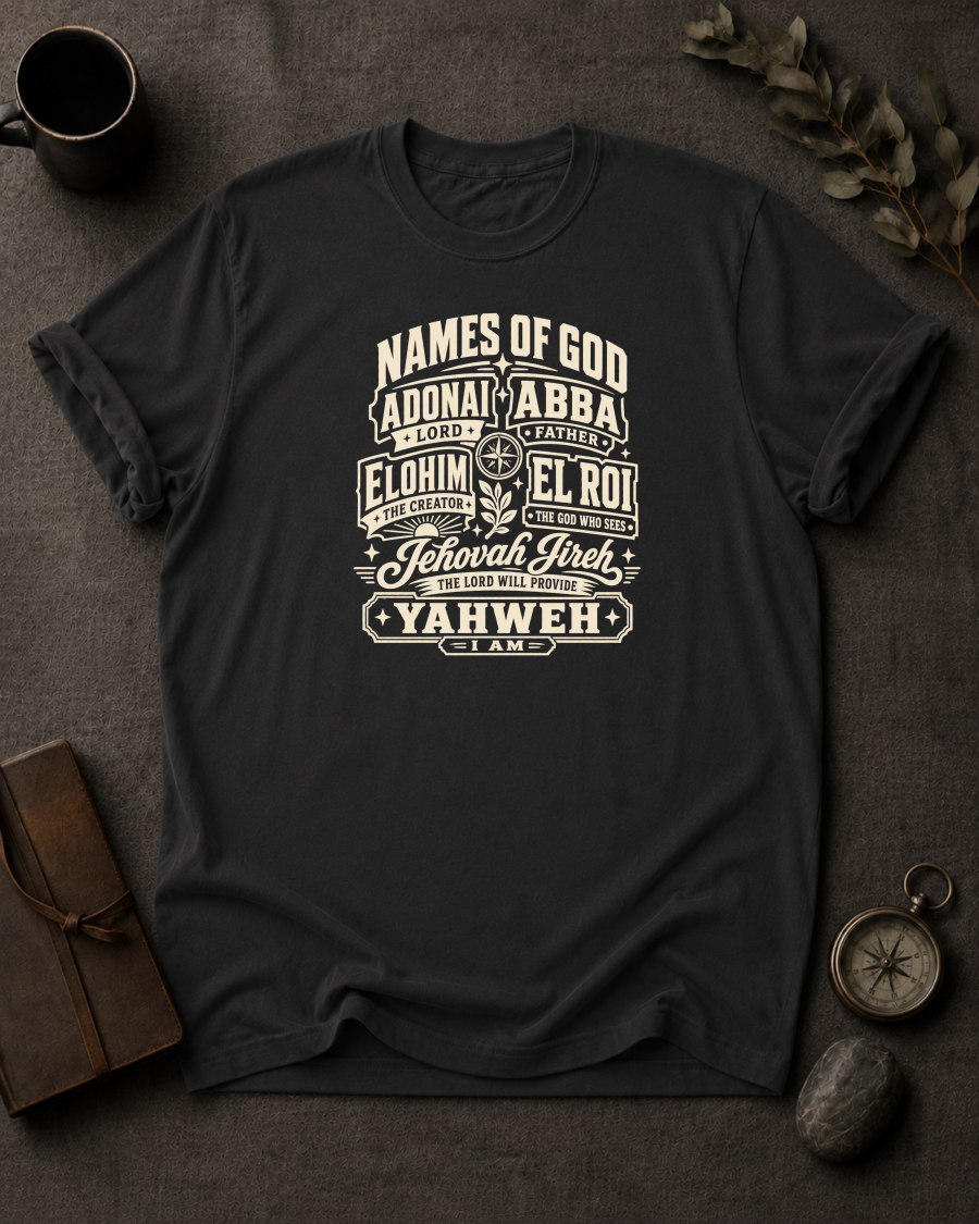 black Comfort Colors t-shirt with vintage badge design listing the Names of God — Adonai, Abba, Elohim, El Roi, Jehovah Jireh, Yahweh"
