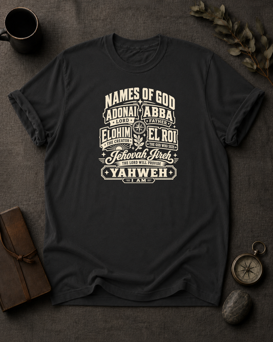 black Comfort Colors t-shirt with vintage badge design listing the Names of God — Adonai, Abba, Elohim, El Roi, Jehovah Jireh, Yahweh"
