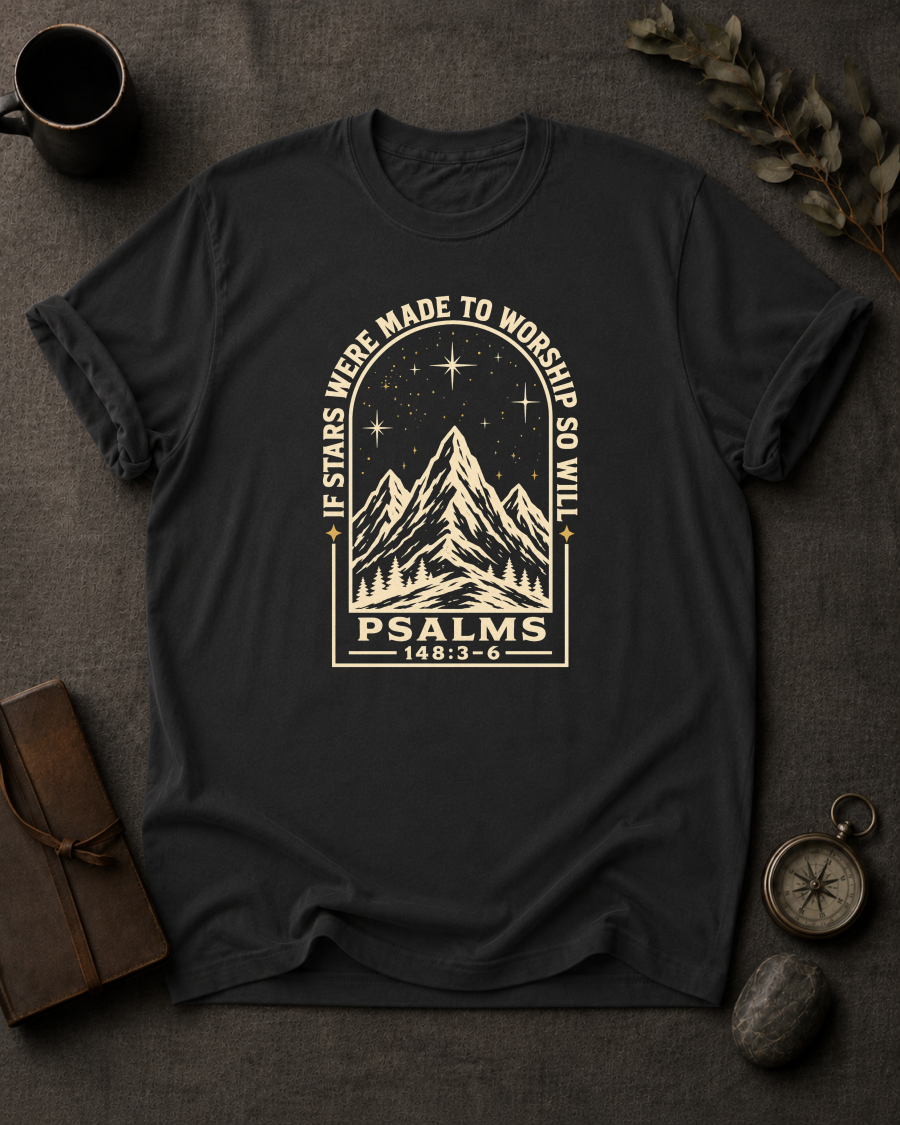 black Comfort Colors t-shirt with "If Stars Were Made to Worship So Will I" Psalm 148:3-6 starry mountain arch design