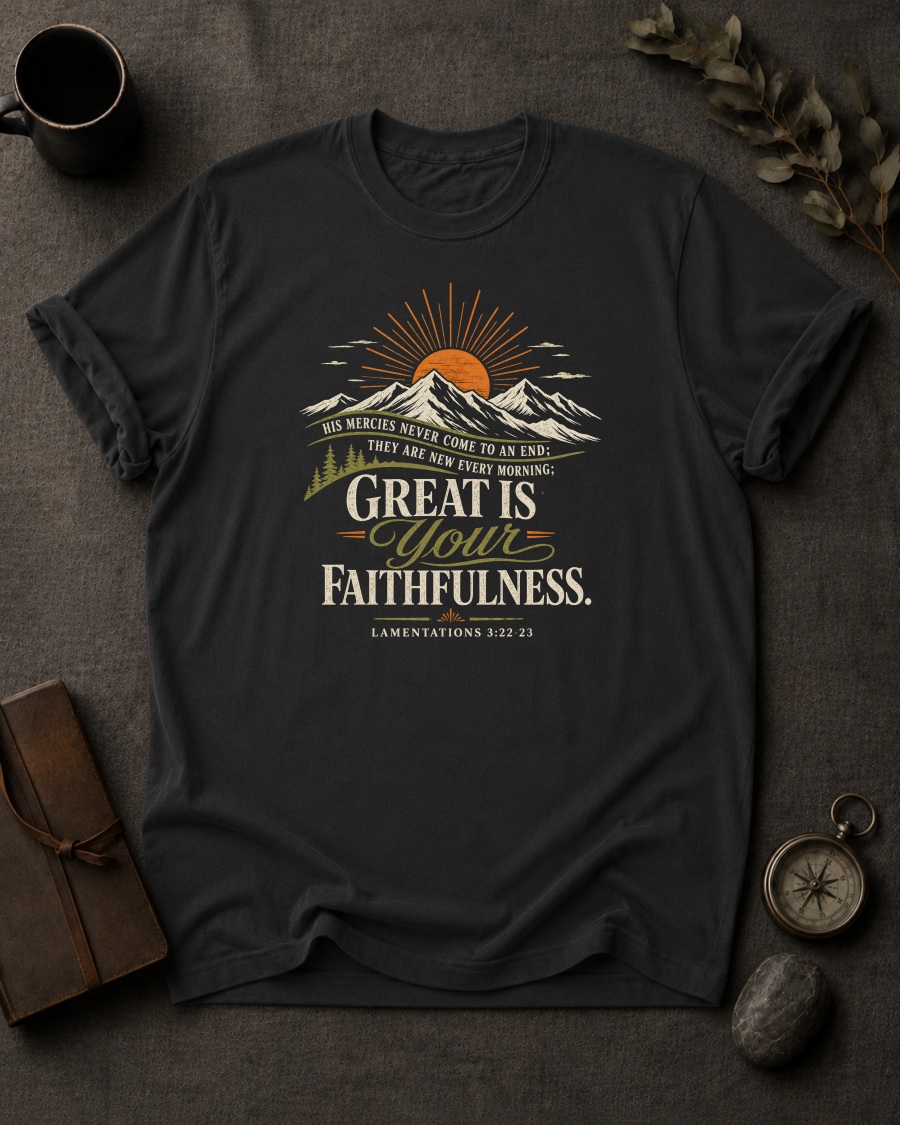 black Comfort Colors t-shirt with sunrise mountain design and Lamentations 3:22-23 — 'Great is your faithfulness