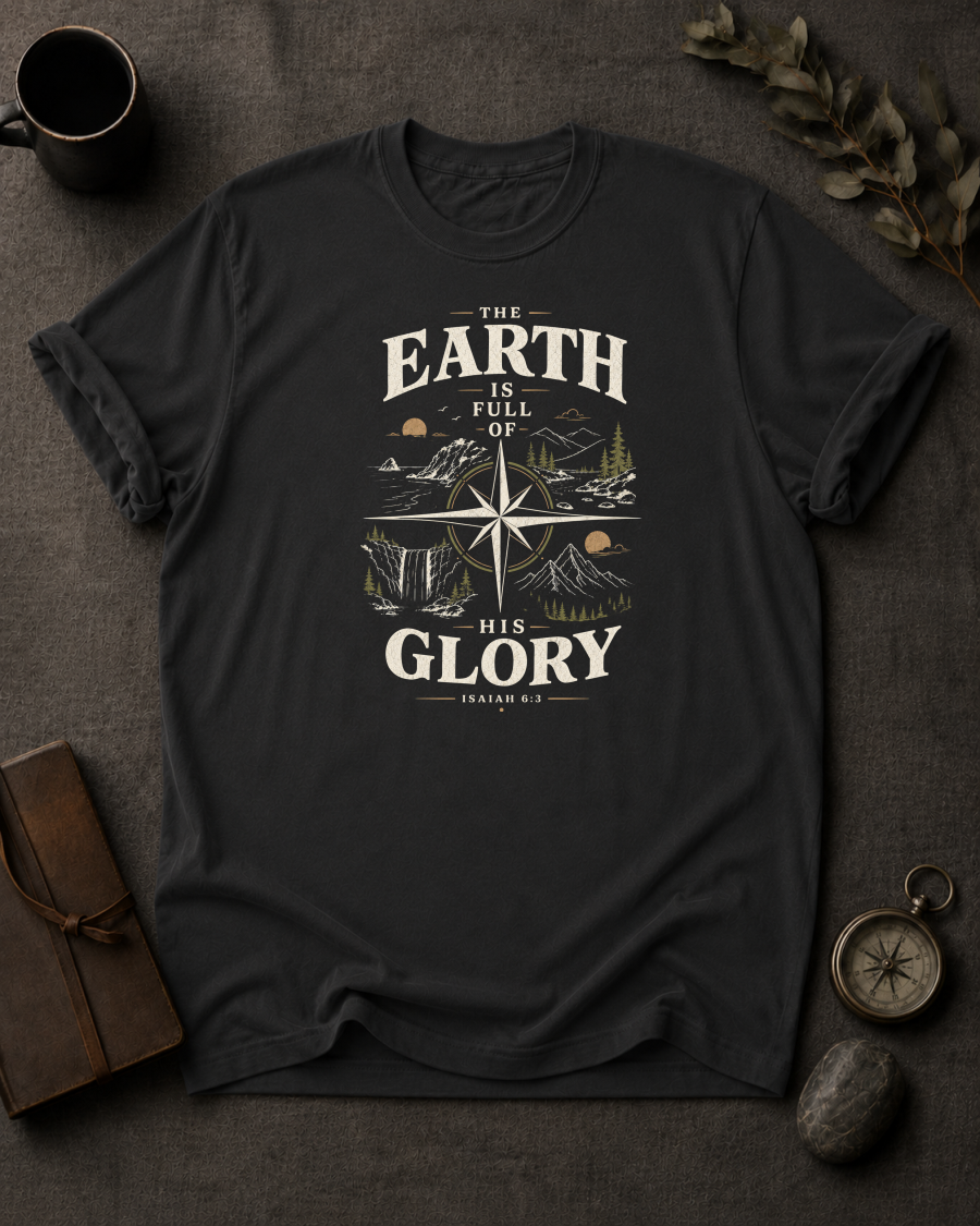 black Comfort Colors t-shirt with "The Earth Is Full of His Glory" Isaiah 6:3 compass rose landscape design in Bay colorway, styled with coffee mug, compass, and leather journal