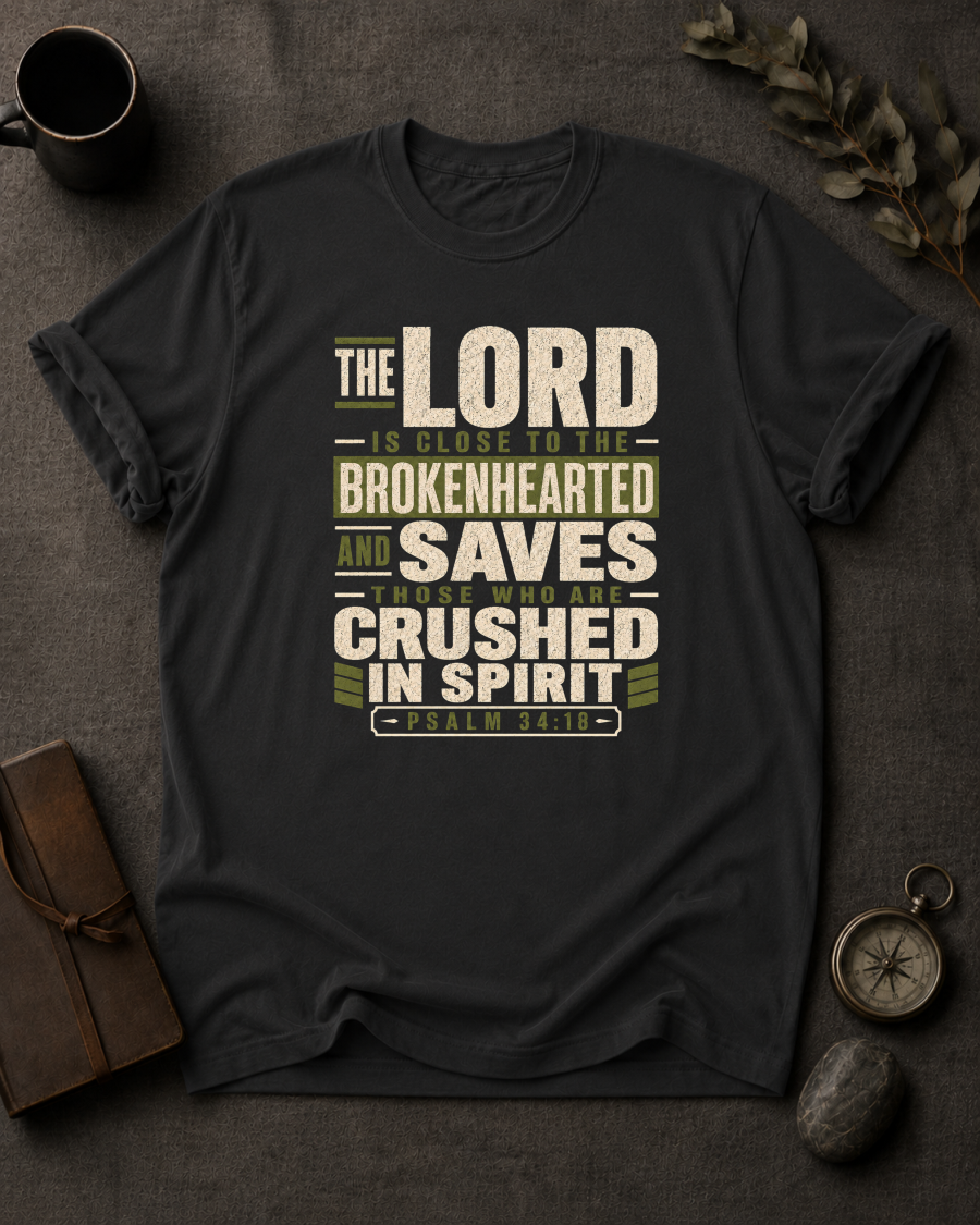 black Comfort Colors t-shirt with navy and olive Psalm 34:18 typography design — 'The Lord is close to the brokenhearted'"