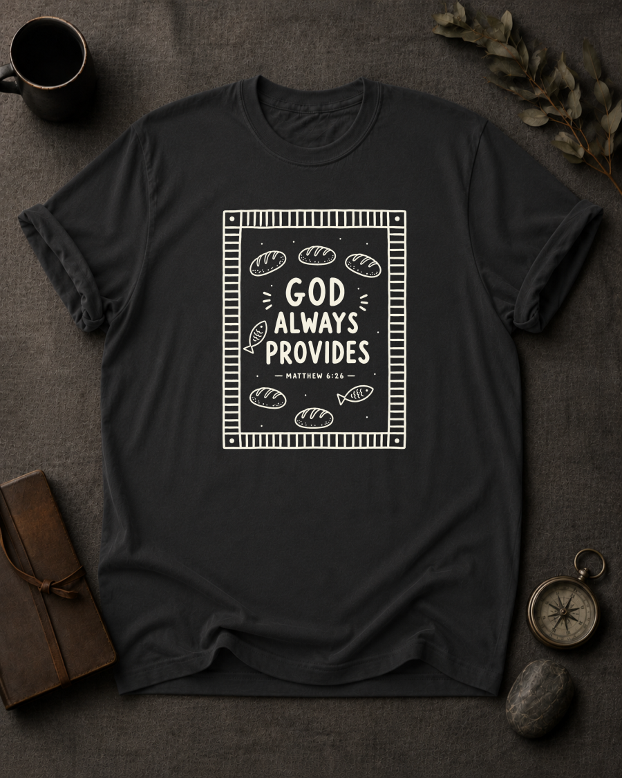 black Comfort Colors t-shirt with bread and fish bordered design and Matthew 6:26 — 'God Always Provides'