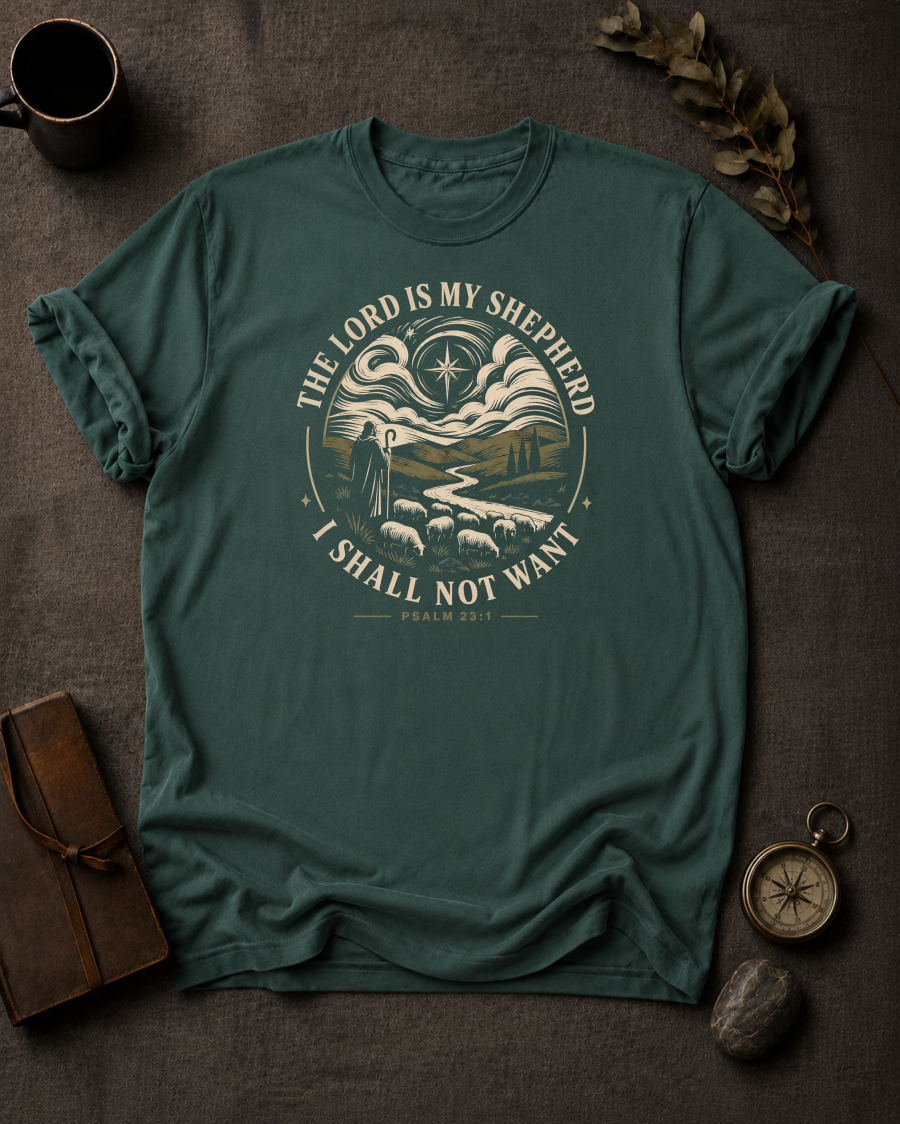 blue spruce omfort Colors t-shirt with "The Lord Is My Shepherd I Shall Not Want" Psalm 23:1 shepherd and flock illustration in Bay colorway, styled with coffee mug, compass, and leather journal