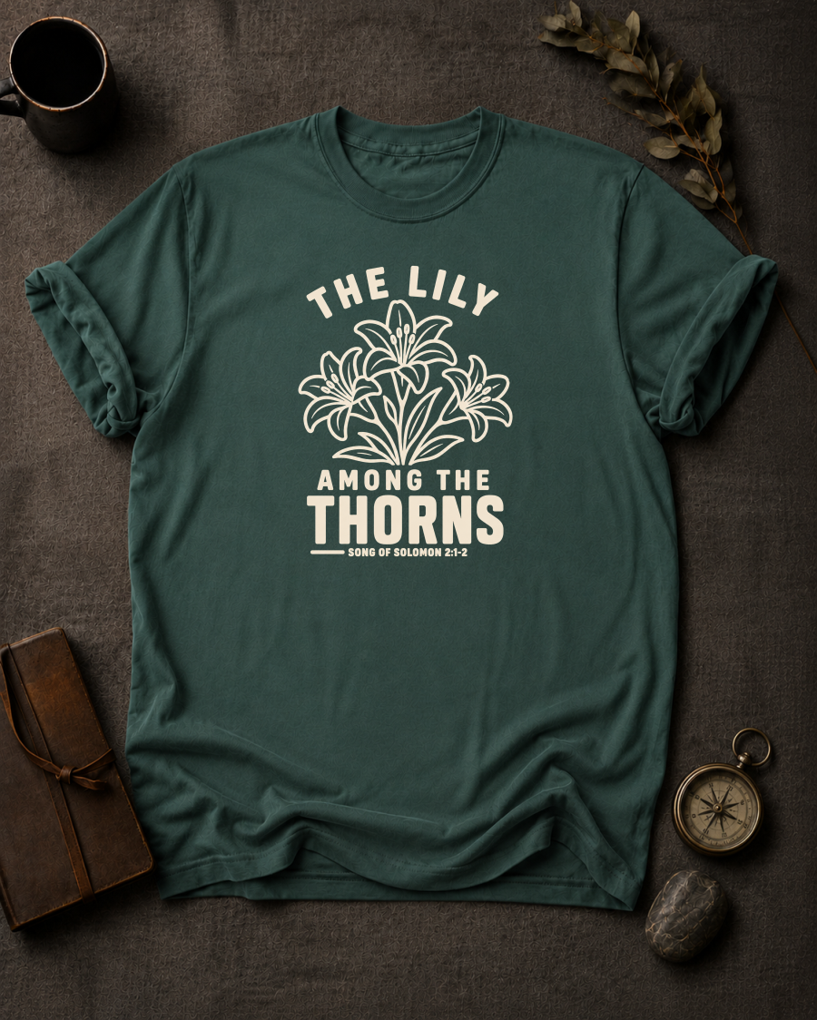 blue spruce Comfort Colors t-shirt with "The Lily Among the Thorns" Song of Solomon 2:1-2 lily flower design in Bay colorway, styled with coffee mug, compass, and leather journal