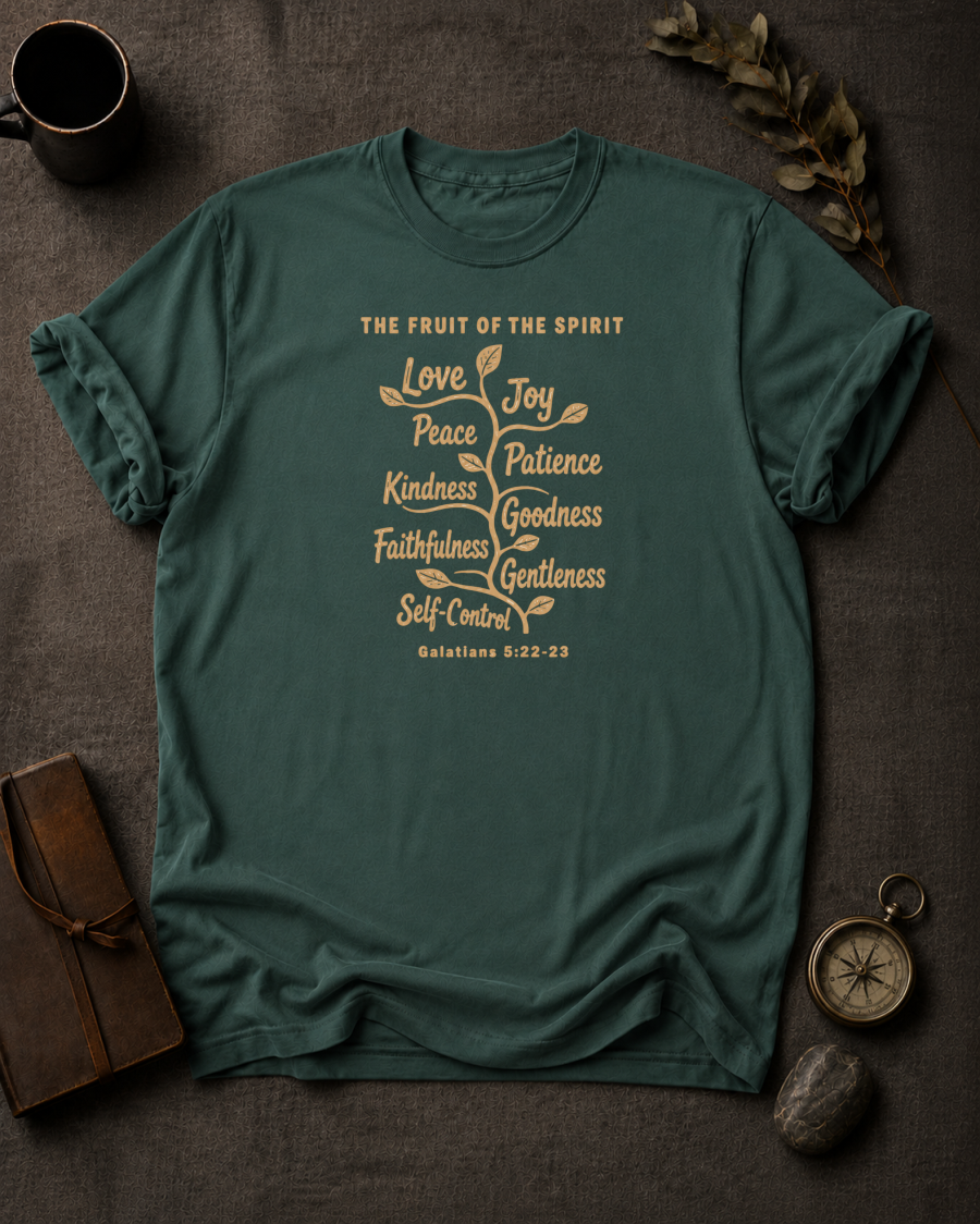 bluespruce Comfort Colors t-shirt with vine illustration listing the Fruit of the Spirit — love, joy, peace, patience, kindness, goodness, faithfulness, gentleness, self-control — Galatians 5:22-23"