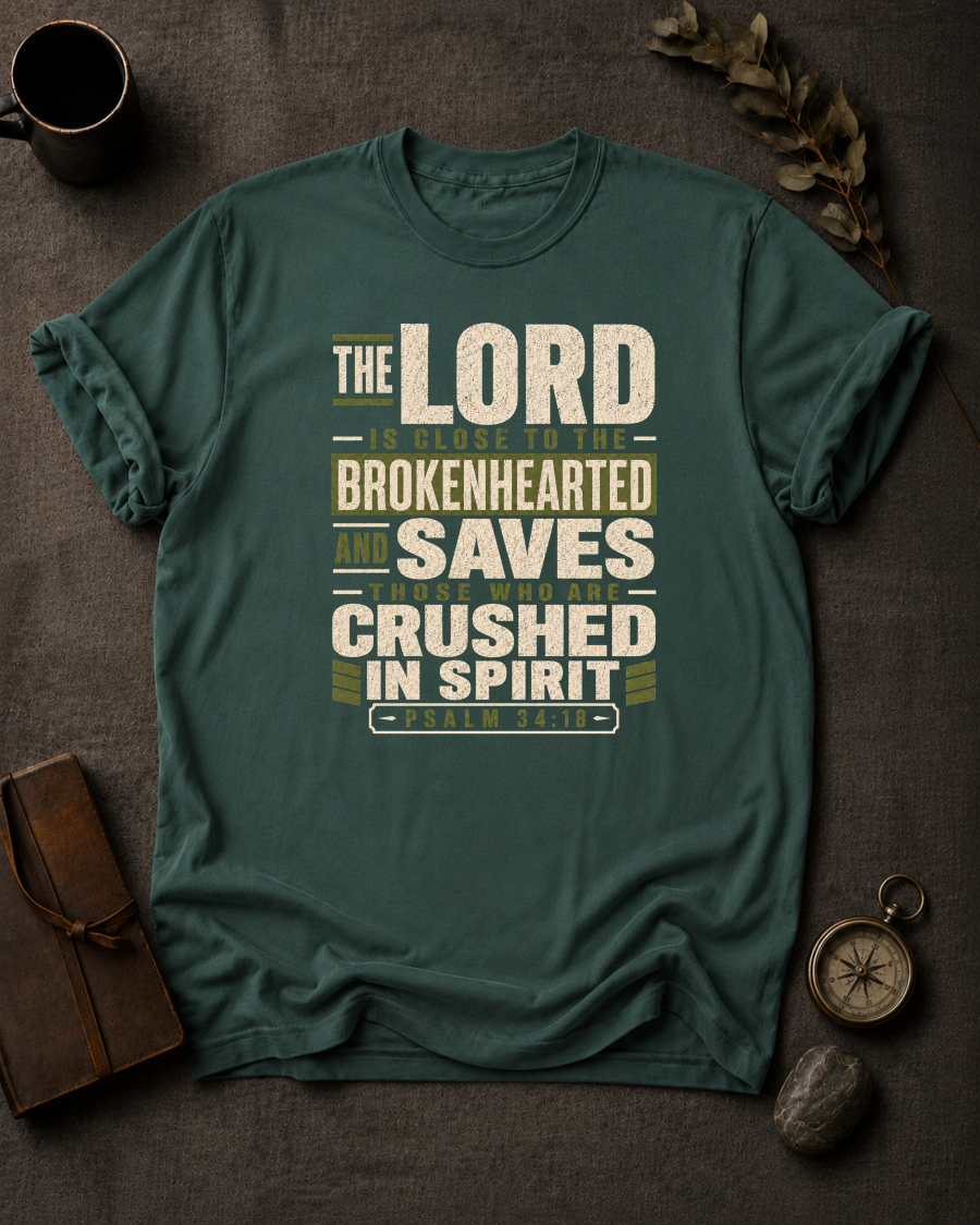 blue spruce Comfort Colors t-shirt with navy and olive Psalm 34:18 typography design — 'The Lord is close to the brokenhearted'"