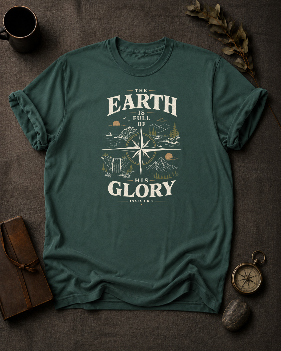 blue spruce Comfort Colors t-shirt with "The Earth Is Full of His Glory" Isaiah 6:3 compass rose landscape design in Bay colorway, styled with coffee mug, compass, and leather journal