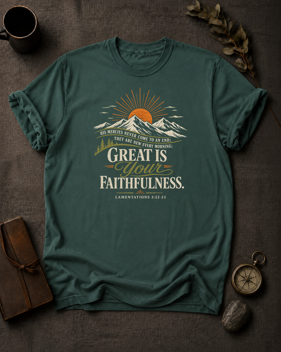 blue spruce Comfort Colors t-shirt with sunrise mountain design and Lamentations 3:22-23 — 'Great is your faithfulness