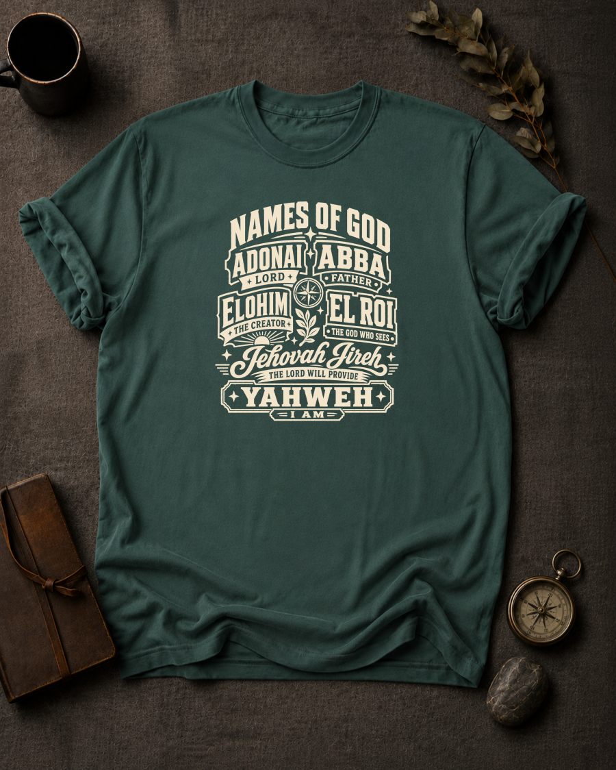 blue spruce Comfort Colors t-shirt with vintage badge design listing the Names of God — Adonai, Abba, Elohim, El Roi, Jehovah Jireh, Yahweh"