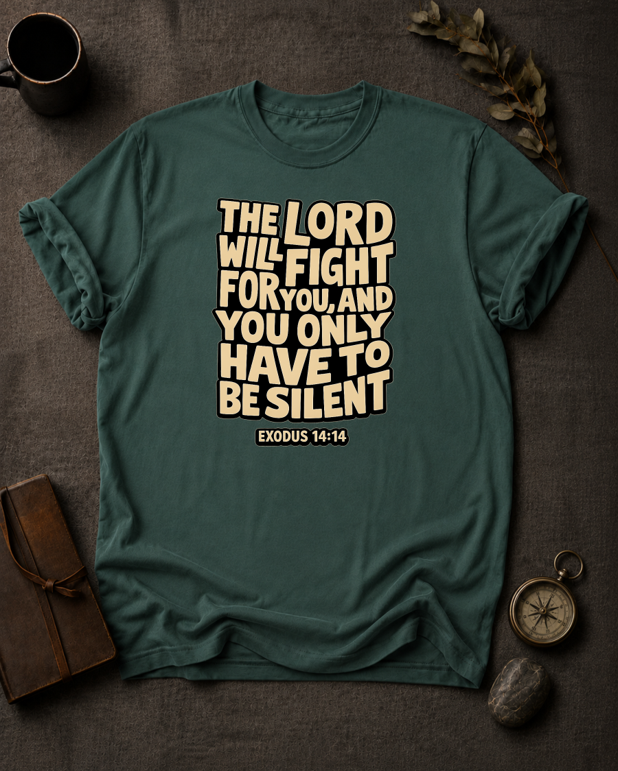 Blue Spruce Comfort Colors t-shirt with 'The Lord Will Fight for You' Christian design, Exodus 14:14