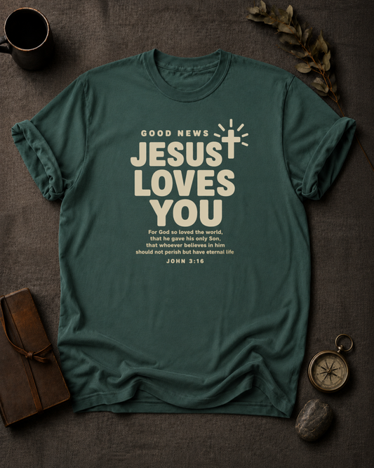 bluespruce Comfort Colors t-shirt with cross graphic reading 'Good News, Jesus Loves You' and John 3:16 verse"