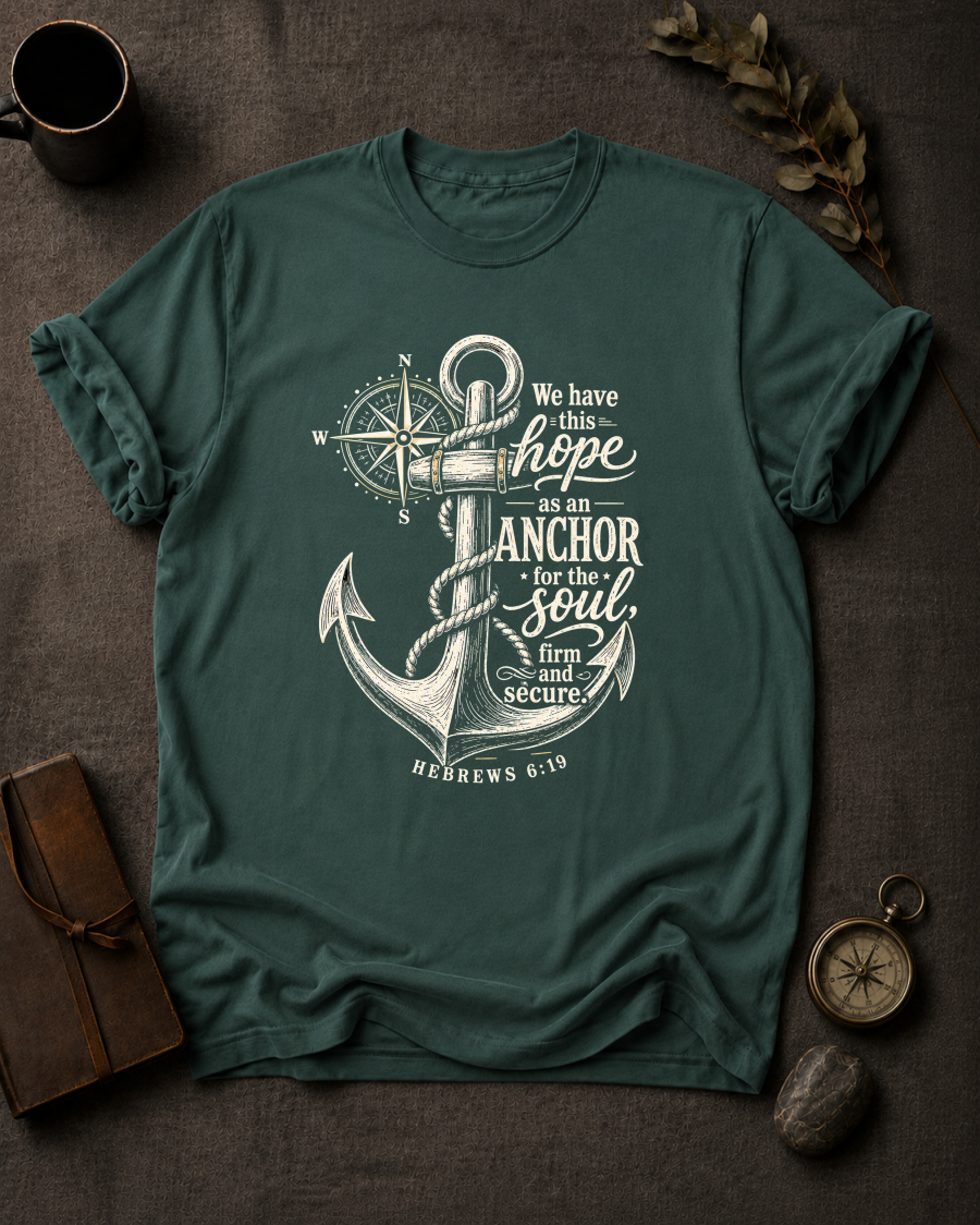 blue spruce Comfort Colors t-shirt with navy anchor and compass design, Hebrews 6:19 — 'We have this hope as an anchor for the soul'