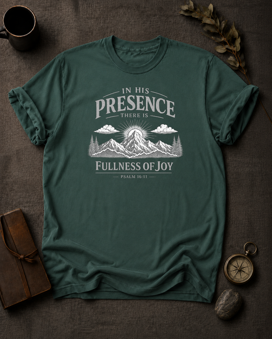 In His Presence Fullness of Joy Christian t-shirt in Blue Spruce – Psalm 16:11 back print design | To His Glory Club