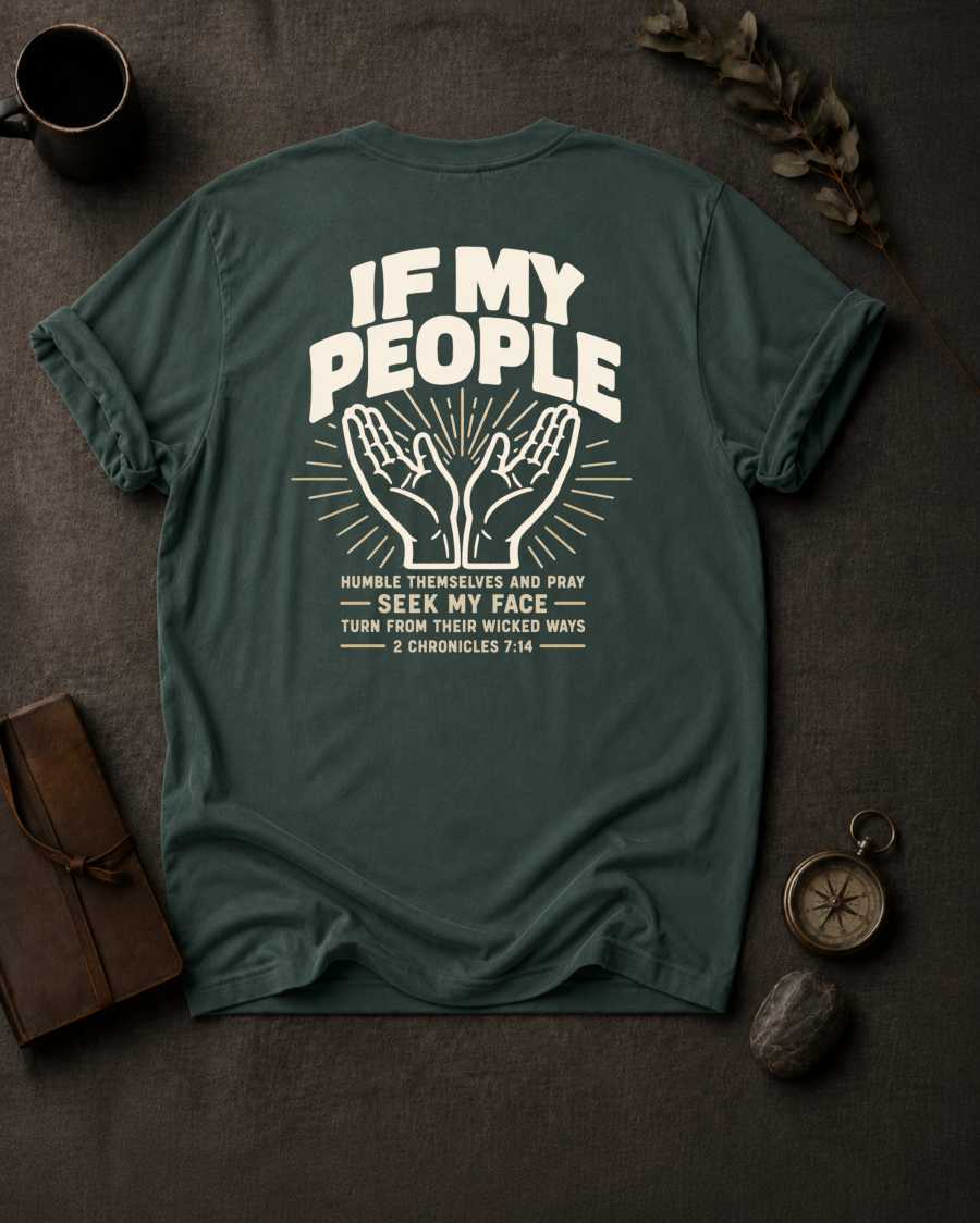 blue spruce  Comfort Colors t-shirt back print with "If My People" 2 Chronicles 7:14 raised hands prayer design 