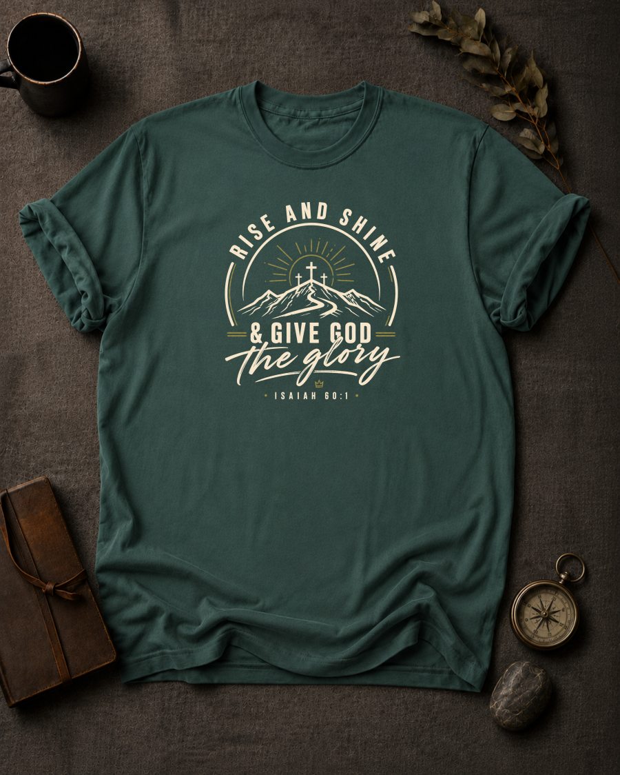 bluespruce Comfort Colors t-shirt with "Rise and Shine & Give God the Glory" Isaiah 60:1 mountain sunrise cross design in Bay colorway, styled with coffee mug, compass, and leather journal