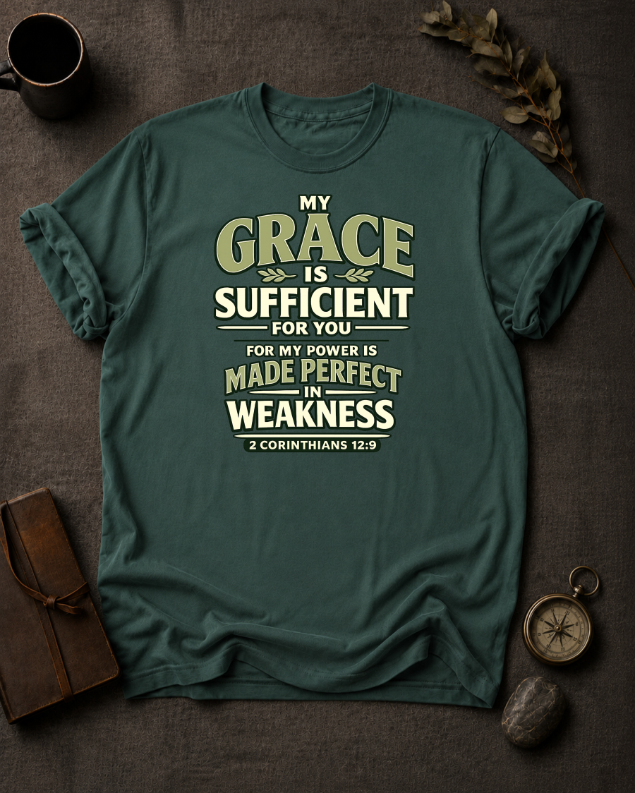 Blue Spruce Comfort Colors t-shirt with 'My Grace Is Sufficient' Christian design, 2 Corinthians 12:9