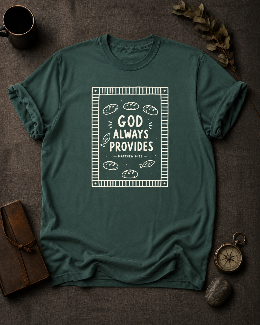 blue spruce Comfort Colors t-shirt with bread and fish bordered design and Matthew 6:26 — 'God Always Provides'