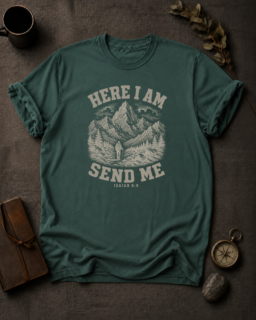 Blue Spruce Comfort Colors t-shirt with 'Here I Am Send Me' Christian design, Isaiah 6:8