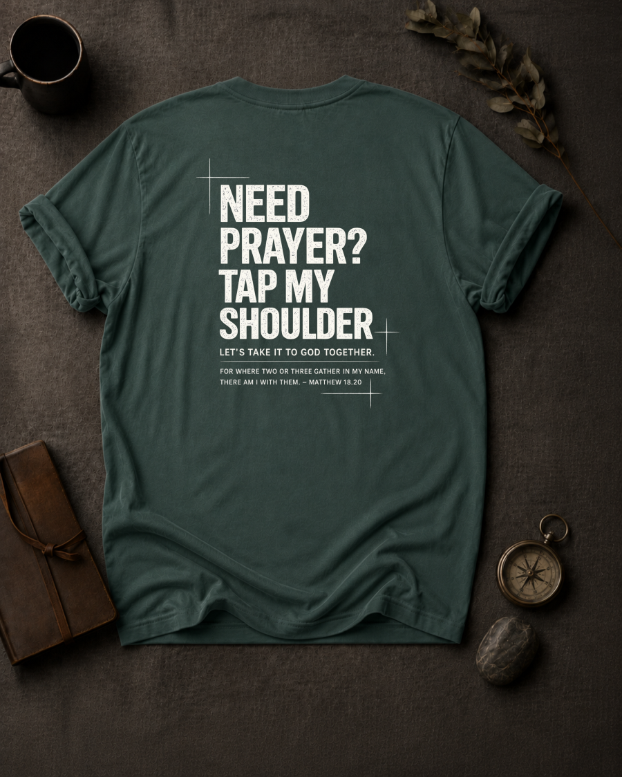 Blue Spruce Comfort Colors t-shirt with 'Need Prayer?' Christian design, Matthew 18:20