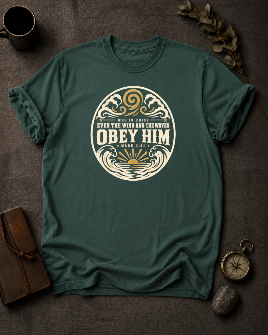 bluespruce Comfort Colors t-shirt with wave and sunrise design reading 'Who Is This? Even the Wind and the Waves Obey Him, Mark 4:41'