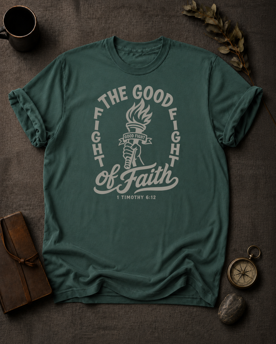 Fight the Good Fight Christian t-shirt in Blue Spruce – 1 Timothy 6:12 back print design | To His Glory Club
