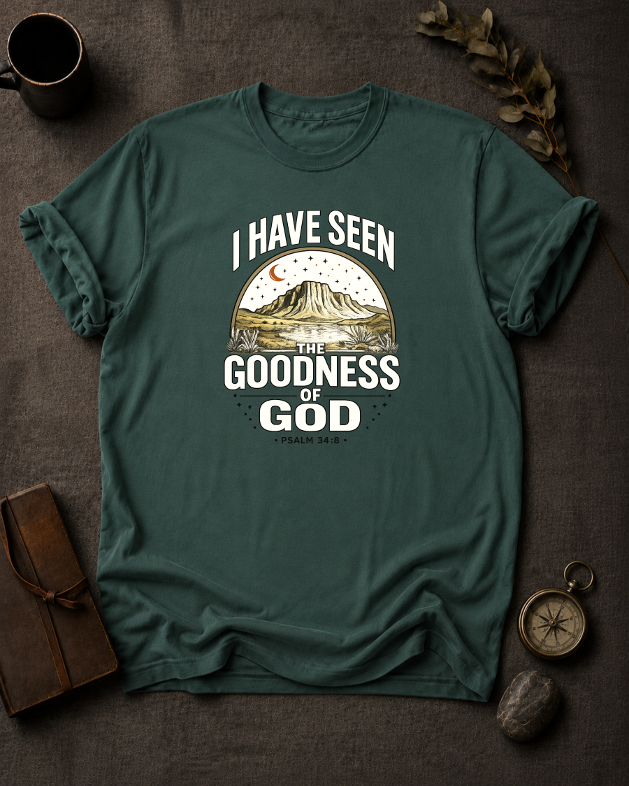 Blue Spruce Comfort Colors t-shirt with 'I Have Seen the Goodness of God' Christian design, Psalm 34:8