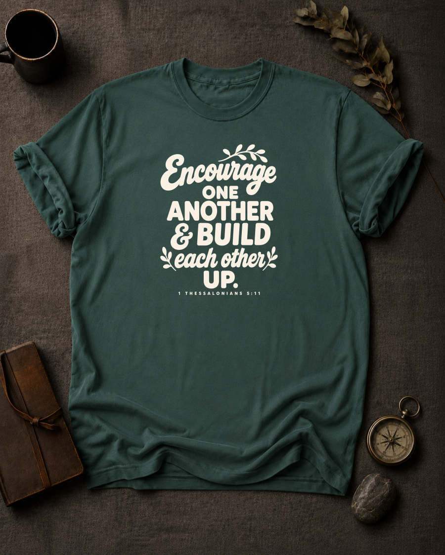 blue spruce Comfort Colors t-shirt with hand-lettered "Encourage One Another & Build Each Other Up" 1 Thessalonians 5:11 design in Bay colorway, styled with coffee mug, compass, and leather journal