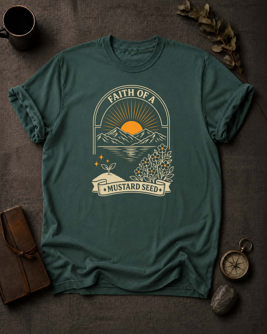 Faith of a Mustard Seed Christian t-shirt in Blue Spruce – Matthew 17:20 back print design | To His Glory Club