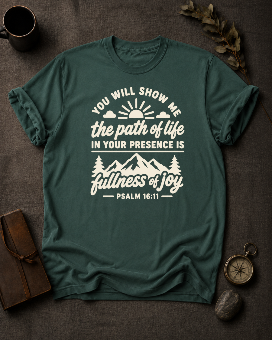 blue spruce Comfort Colors t-shirt with sunrise mountain design and Psalm 16:11 — 'You will show me the path of life, fullness of joy