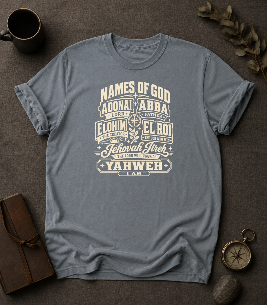 granite Comfort Colors t-shirt with vintage badge design listing the Names of God — Adonai, Abba, Elohim, El Roi, Jehovah Jireh, Yahweh"