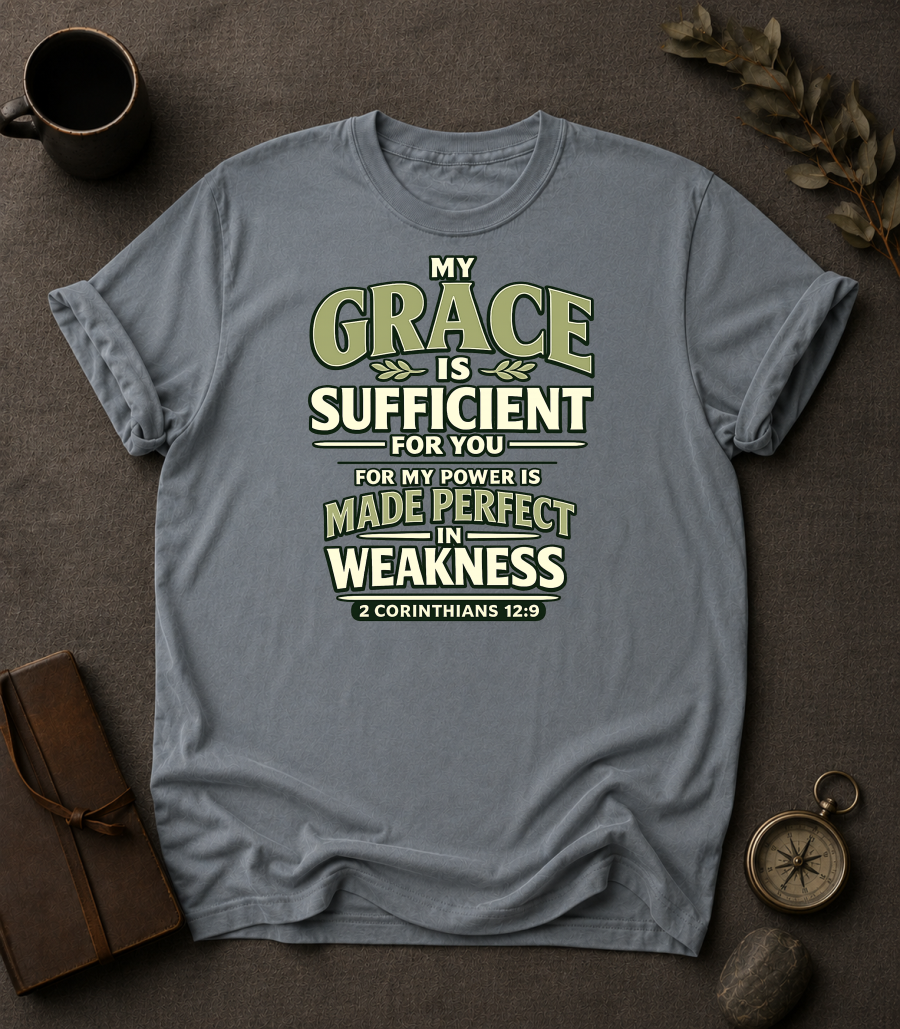 Granite Comfort Colors t-shirt with 'My Grace Is Sufficient' Christian design, 2 Corinthians 12:9