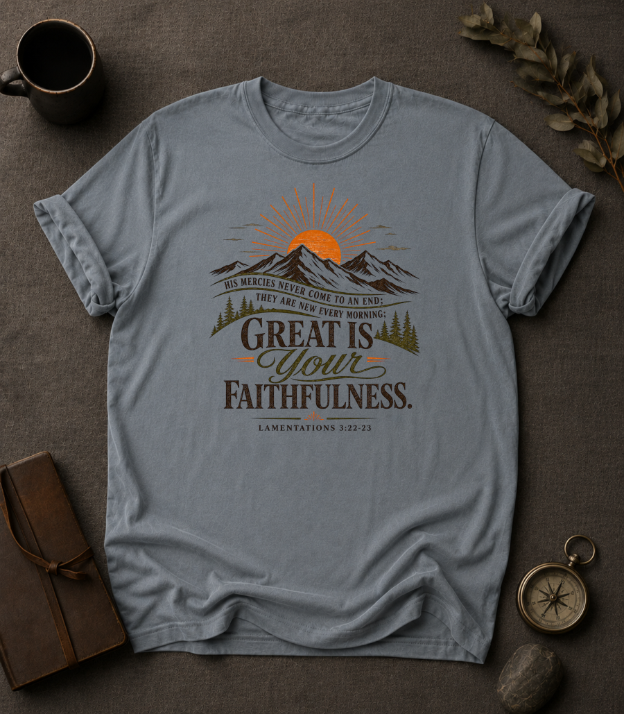 granite Comfort Colors t-shirt with sunrise mountain design and Lamentations 3:22-23 — 'Great is your faithfulness