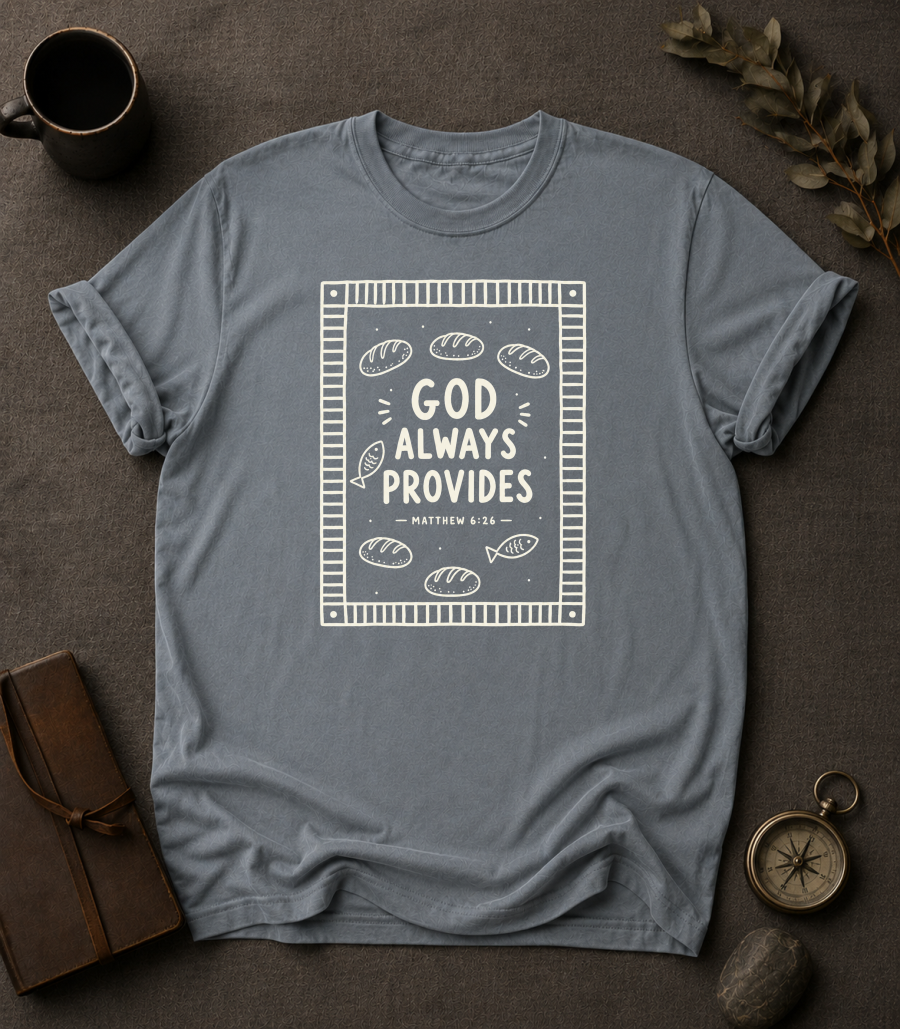 granite Comfort Colors t-shirt with bread and fish bordered design and Matthew 6:26 — 'God Always Provides'