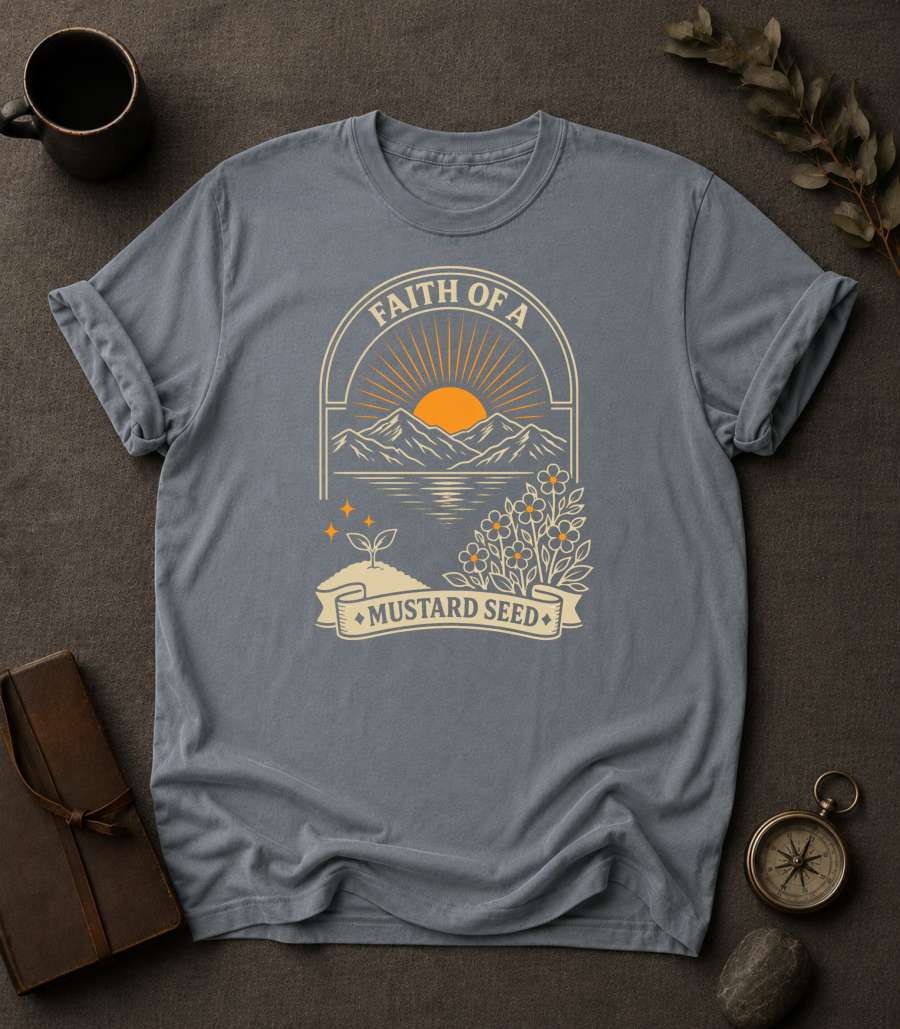 Faith of a Mustard Seed Christian t-shirt in Granite – Matthew 17:20 back print design | To His Glory Club