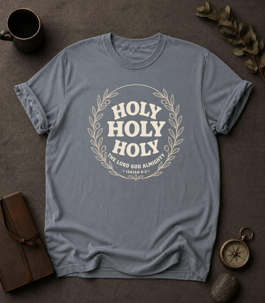 granite Comfort Colors t-shirt with "Holy Holy Holy" Isaiah 6:3 wreath
