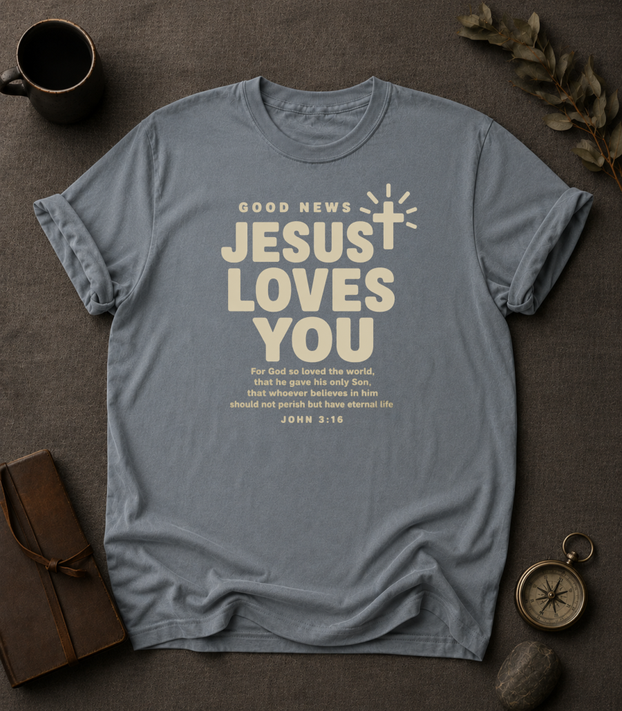 granite Comfort Colors t-shirt with cross graphic reading 'Good News, Jesus Loves You' and John 3:16 verse"